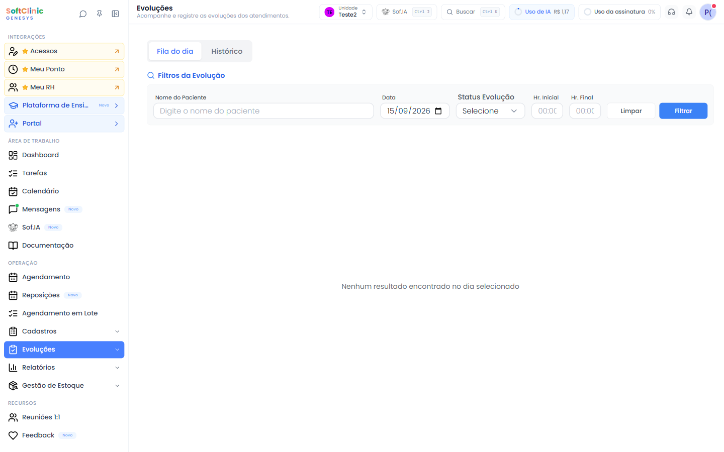 Tela de Evoluções do Genesys com a fila do dia e os filtros por paciente, data e status
