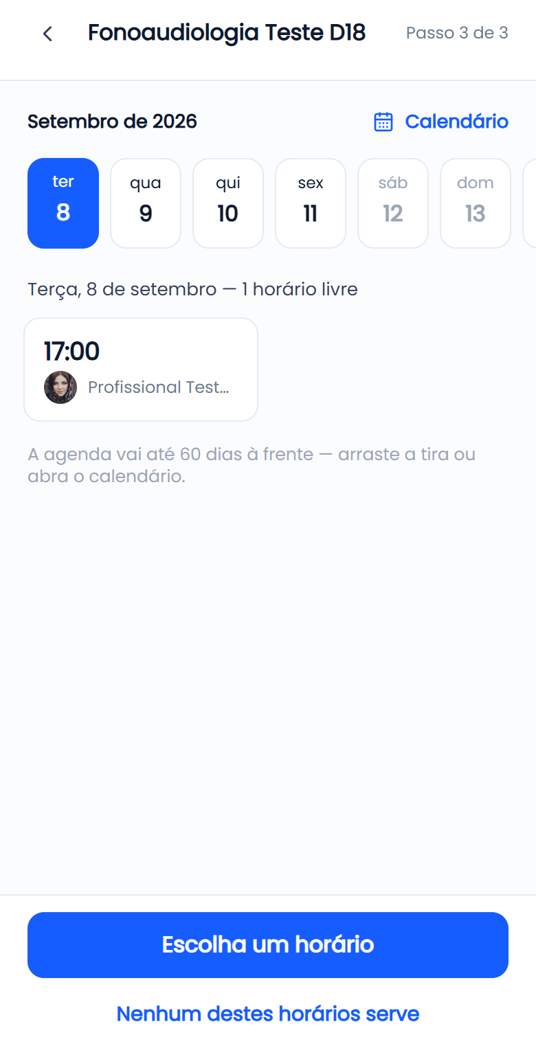 Escolha de horário no pedido de agendamento feito pelo responsável